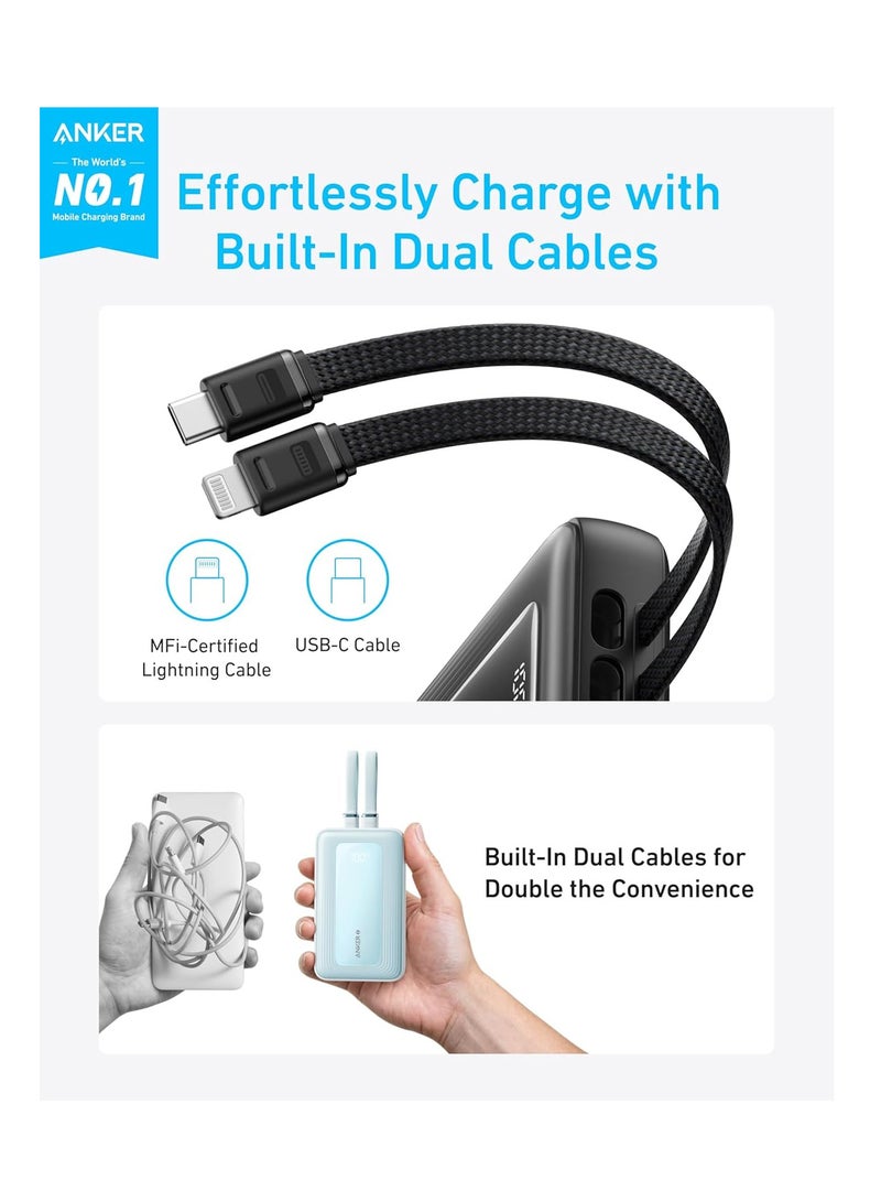 10000 mAh Zolo Power Bank, 30W Max Fast Portable Charger with Built-In USB-C and Lightning Cables