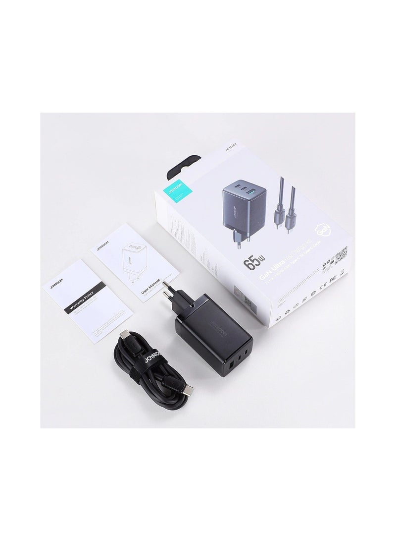 Fast GaN Charger 65W USB-A, 2x USB-C + USB-C - USB-C Cable 100W 1.2m (TCG01) Black