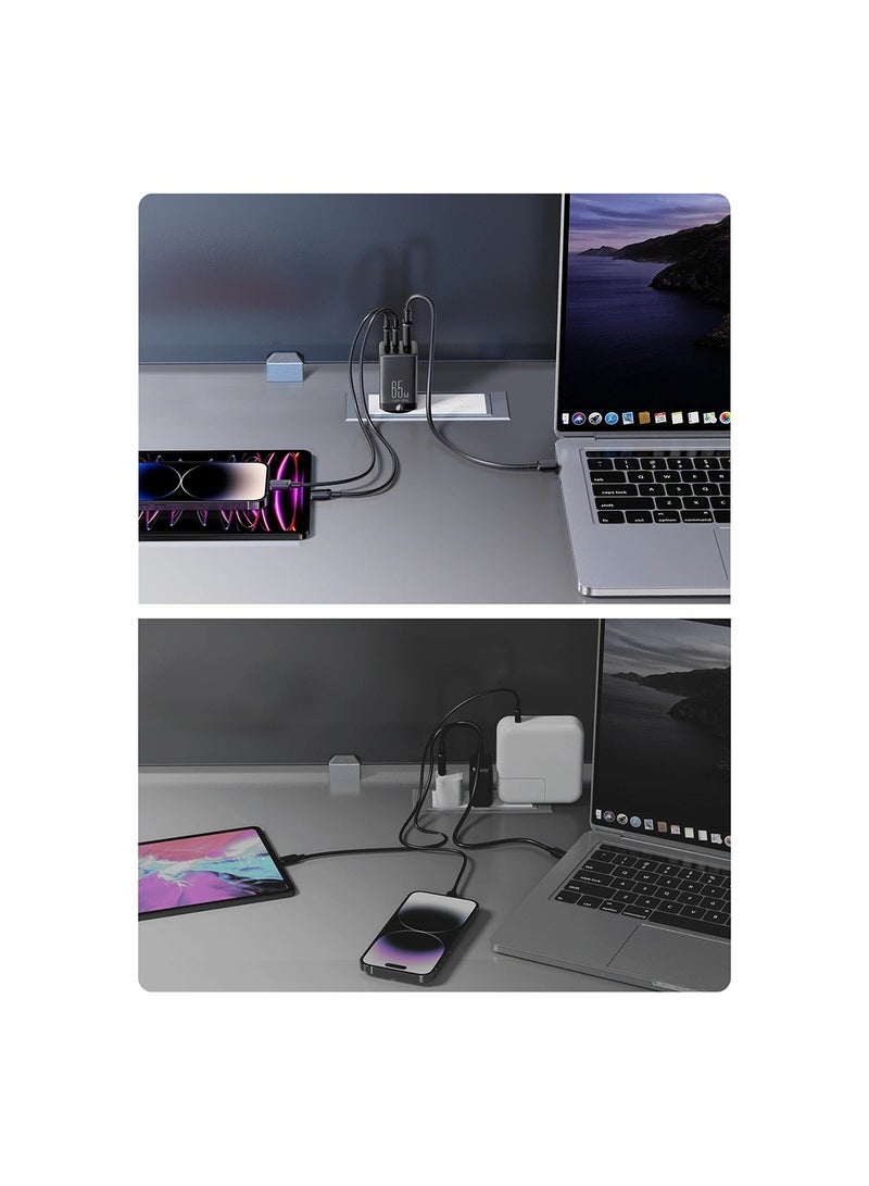 Fast GaN Charger 65W USB-A, 2x USB-C + USB-C - USB-C Cable 100W 1.2m (TCG01) Black