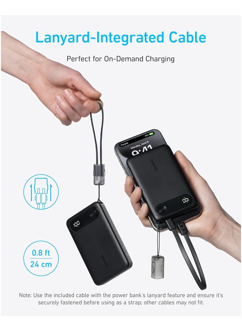 10000 mAh Powercore Power Bank 22.5W Portable Charger with USB C Cable Lanyard black