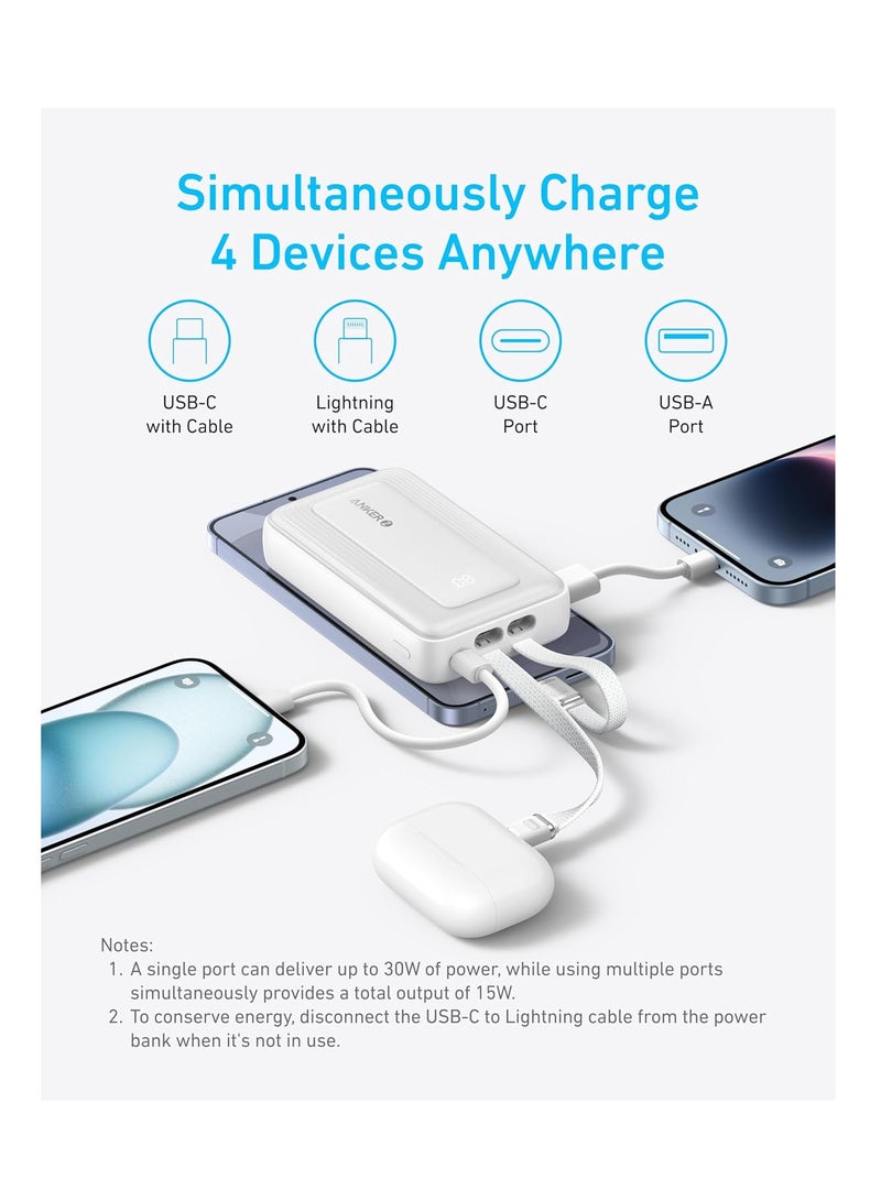 10000 mAh Zolo Power Bank, 30W Max Fast Portable Charger with Built-In USB-C and Lightning Cables