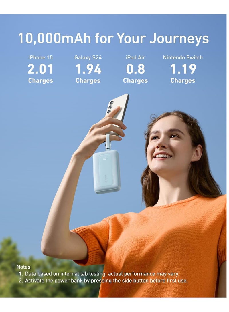 10000 mAh Zolo Power Bank, 30W Max Fast Portable Charger with Built-In USB-C and Lightning Cables