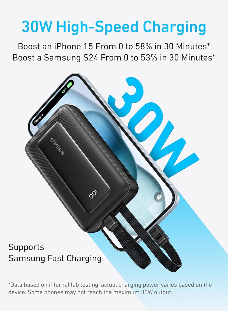 10000 mAh Zolo Power Bank, 30W Max Fast Portable Charger with Built-In USB-C and Lightning Cables