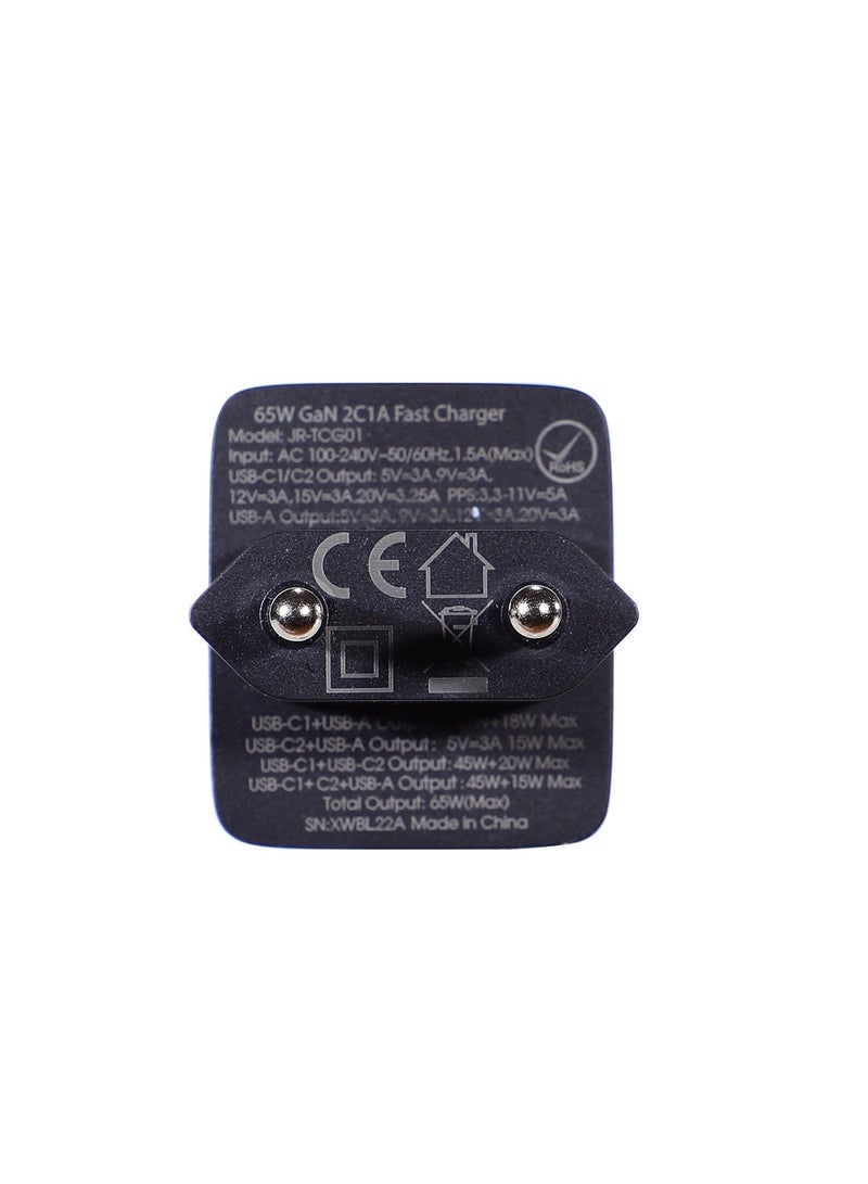 Fast GaN Charger 65W USB-A, 2x USB-C + USB-C - USB-C Cable 100W 1.2m (TCG01) Black
