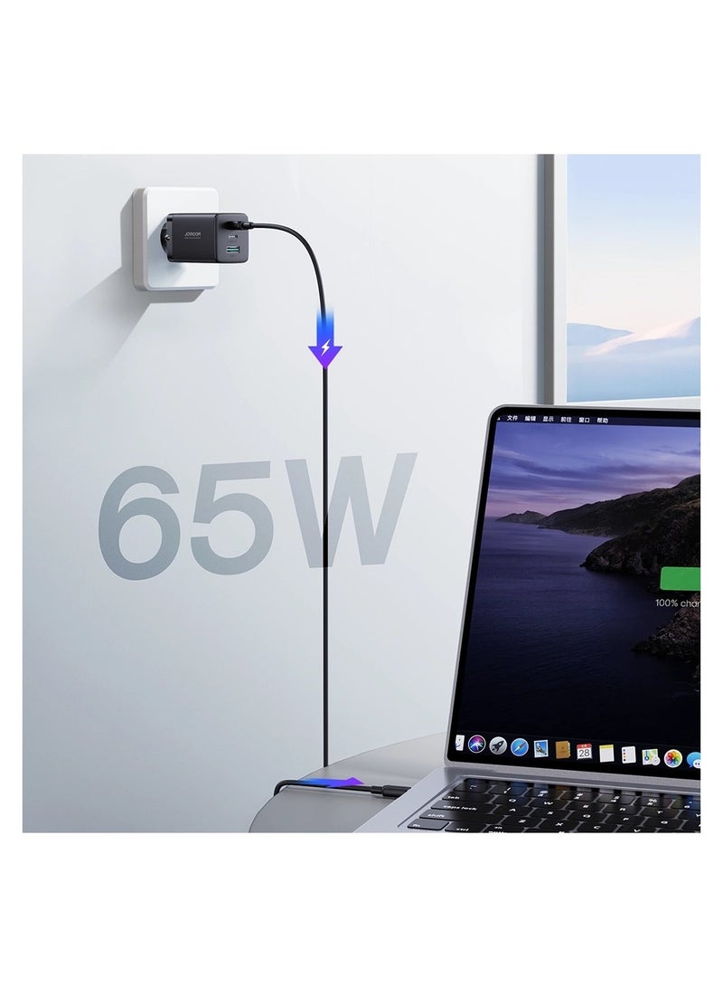 Fast GaN Charger 65W USB-A, 2x USB-C + USB-C - USB-C Cable 100W 1.2m (TCG01) Black