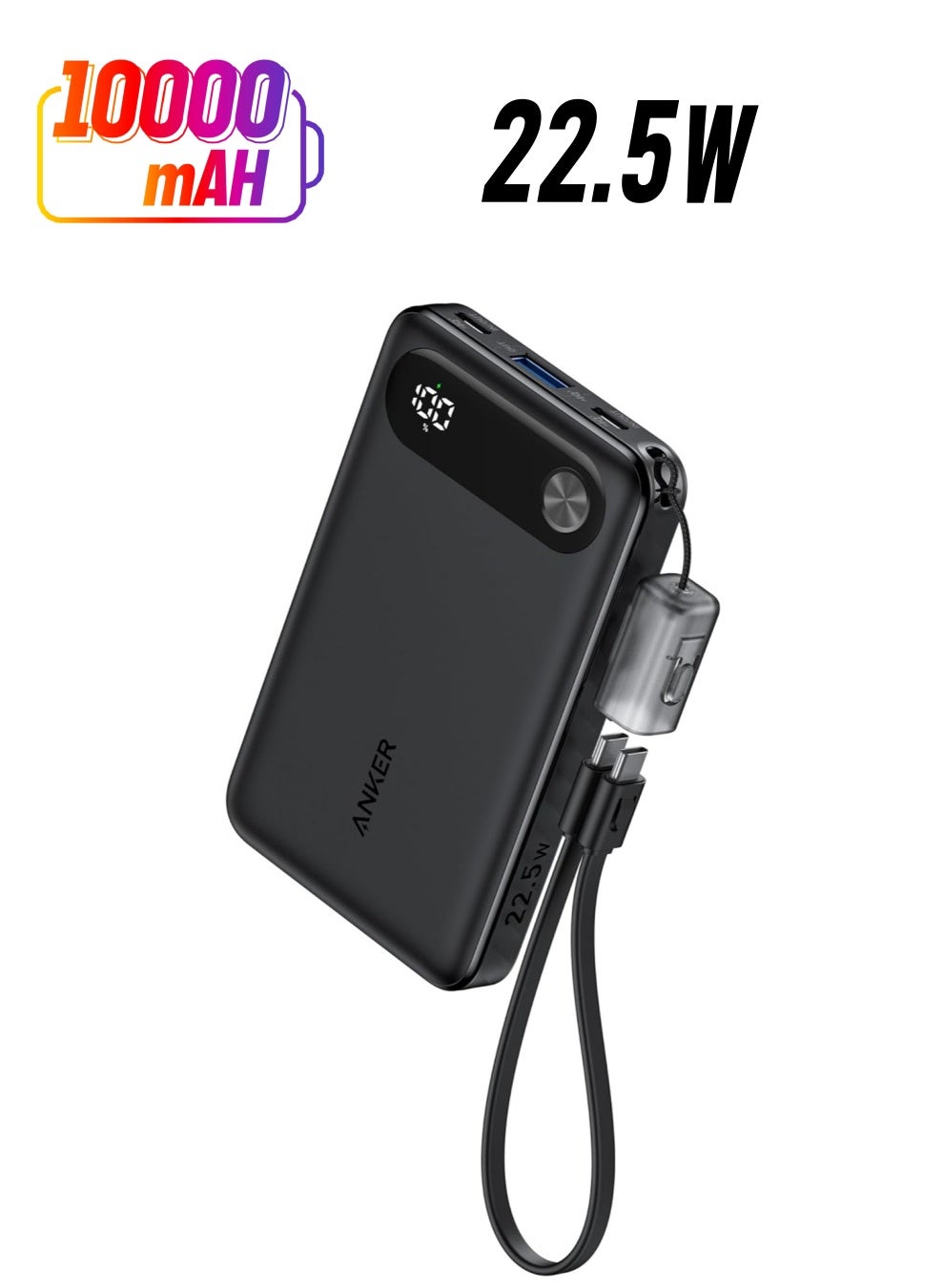 10000 mAh Powercore Power Bank 22.5W Portable Charger with USB C Cable Lanyard black