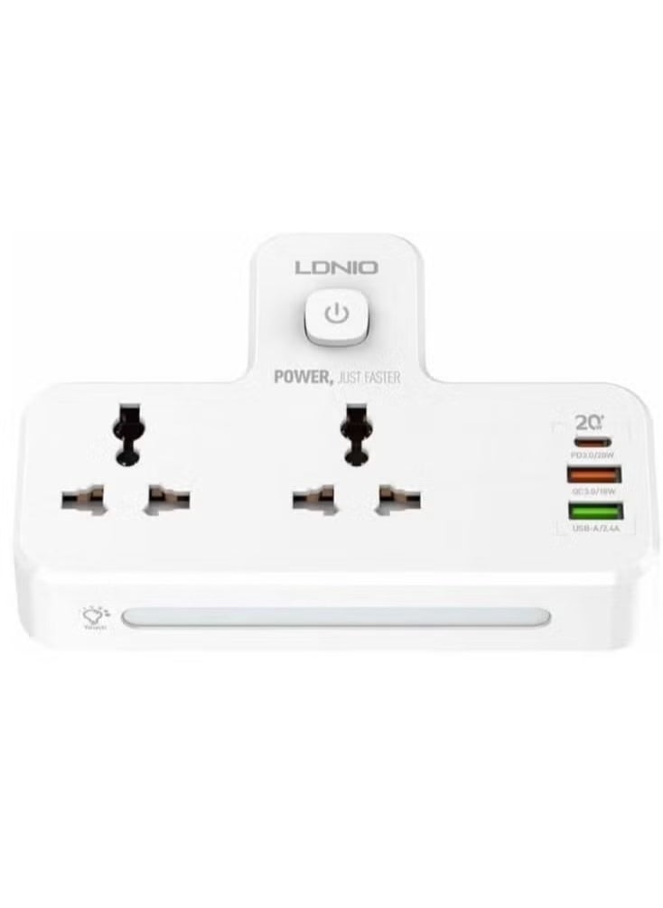 LDNIO SC2311 Portable Extension Power Strip With 2 AC Power Socket And 3 USB Port, 2500 Watt Power And Night Lamo - White