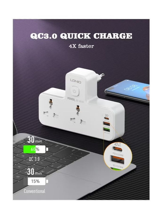 LDNIO SC2311 Portable Extension Power Strip With 2 AC Power Socket And 3 USB Port, 2500 Watt Power And Night Lamo - White