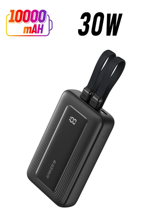 10000 mAh Zolo Power Bank, 30W Max Fast Portable Charger with Built-In USB-C and Lightning Cables